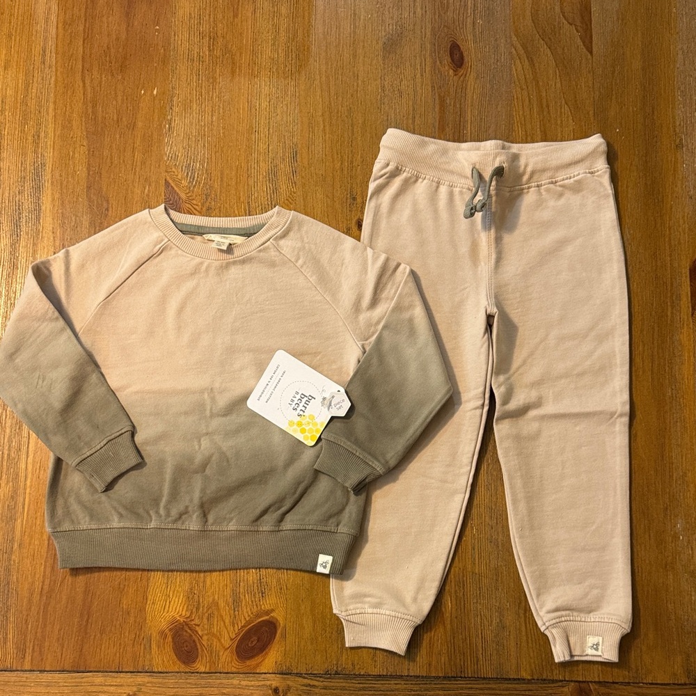 NWT Burt’s Bees Baby 2Pc Ombre Sweatsuit Tan & Green Size 24 Months 100% Cotton